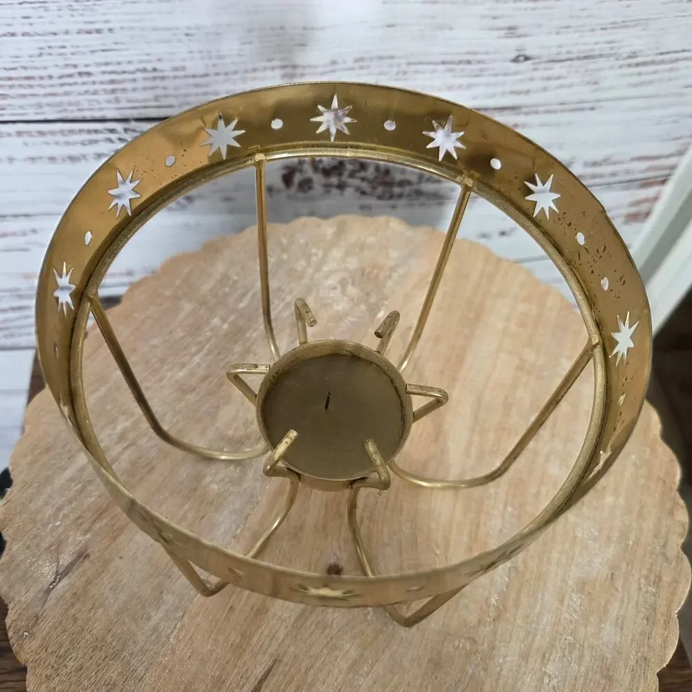 VTG Corning Glass Carafe & Rustic Brass Warming Stand Star Cutouts